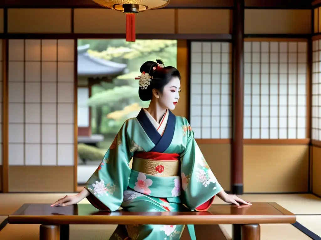 Una geisha realiza una danza tradicional en un hermoso salón de té, vistiendo un kimono exquisito con patrones florales