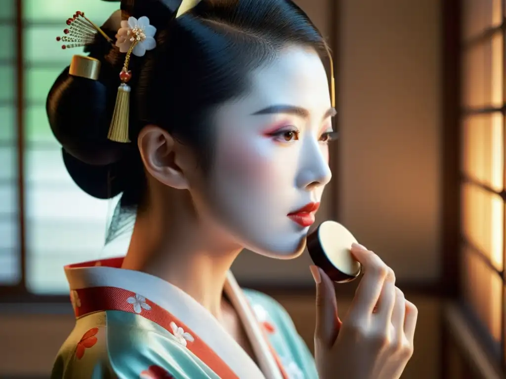 Una geisha aplica con delicadeza un producto tradicional japonés en su piel impecable, reflejando la belleza y cuidado facial japonés