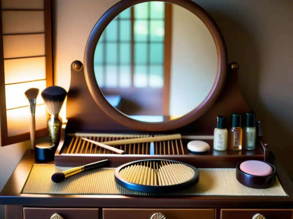 Una geisha se prepara con elegancia en una mesa de tocador japonesa, rodeada de accesorios y un bello jardín de cerezos