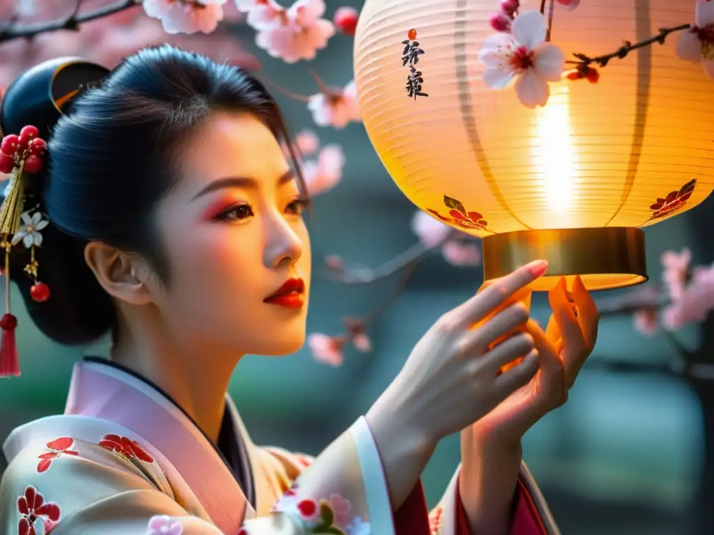 Una geisha arregla con gracia los pétalos de cerezo en una escena etérea, capturando la belleza y tradición del arte geisha