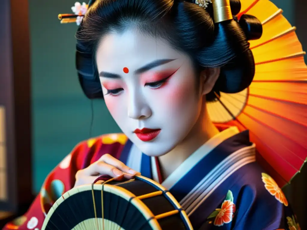 Una geisha tocando un instrumento tradicional japonés, resaltando su belleza y tradición cultural