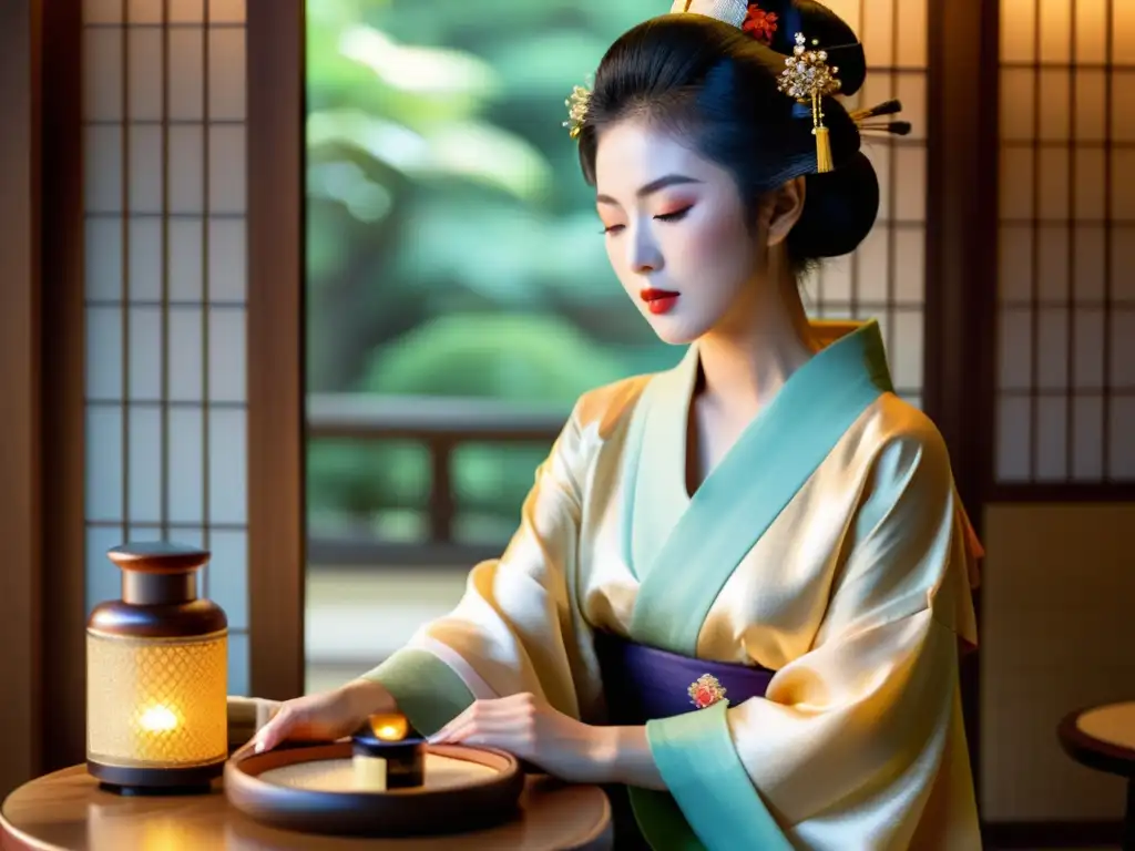 Geisha japonesa aplicando aceites esenciales para una piel radiante con sabiduría oriental y tradición