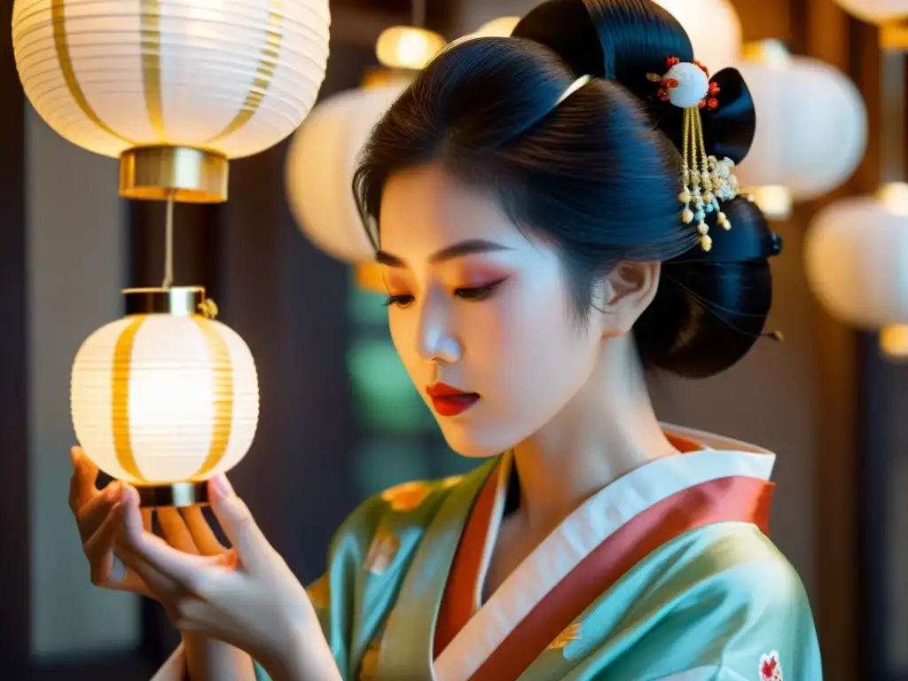 Una geisha japonesa aplica delicadamente aceites tradicionales en su piel, iluminada por linternas de papel