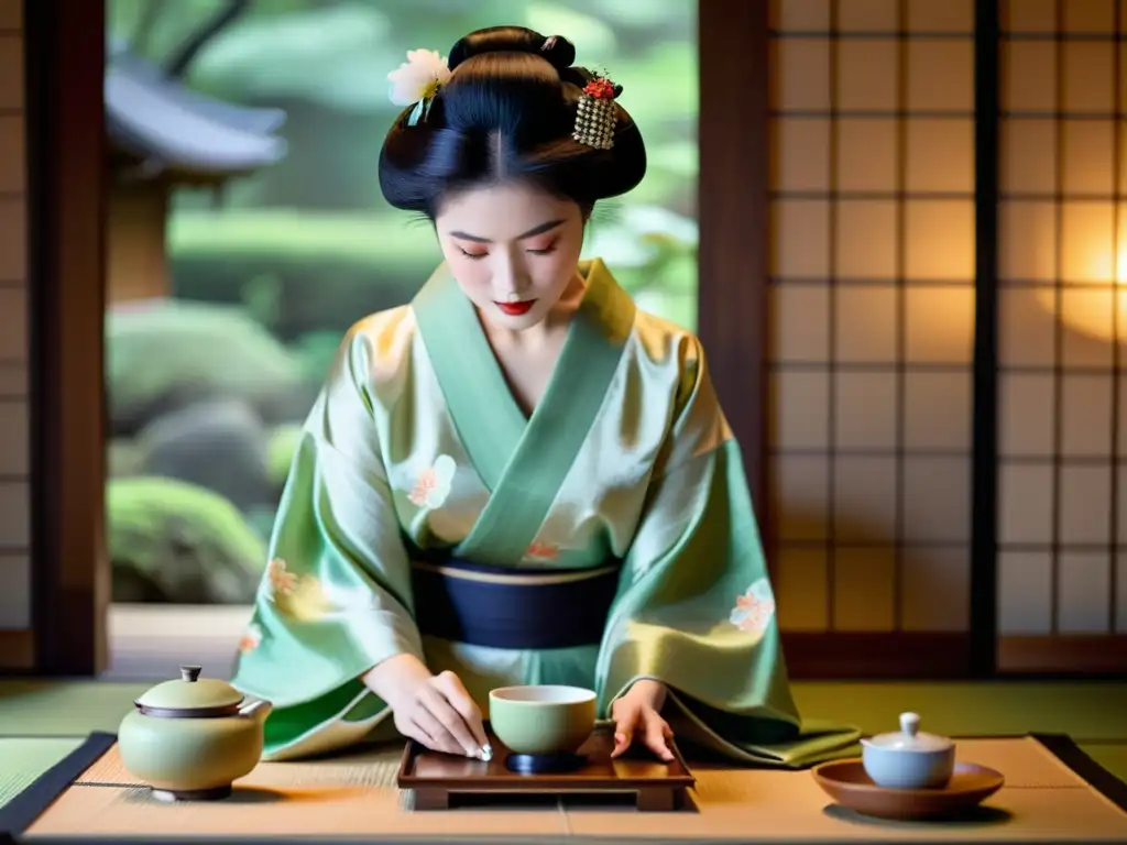 Una geisha japonesa realiza una ceremonia del té con elegancia, reflejando los rituales asiáticos para piel perfecta