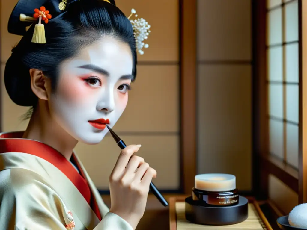 Una geisha japonesa aplicando cuidado facial, mostrando la meticulosidad y serenidad del ritual de belleza japonés