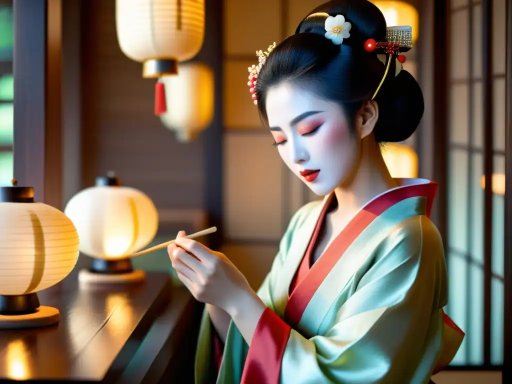 Una geisha japonesa aplica con cuidado una mascarilla facial hidratante con ingredientes asiáticos naturales en un entorno sereno y elegante, revelando los secretos asiáticos para una piel hidratada