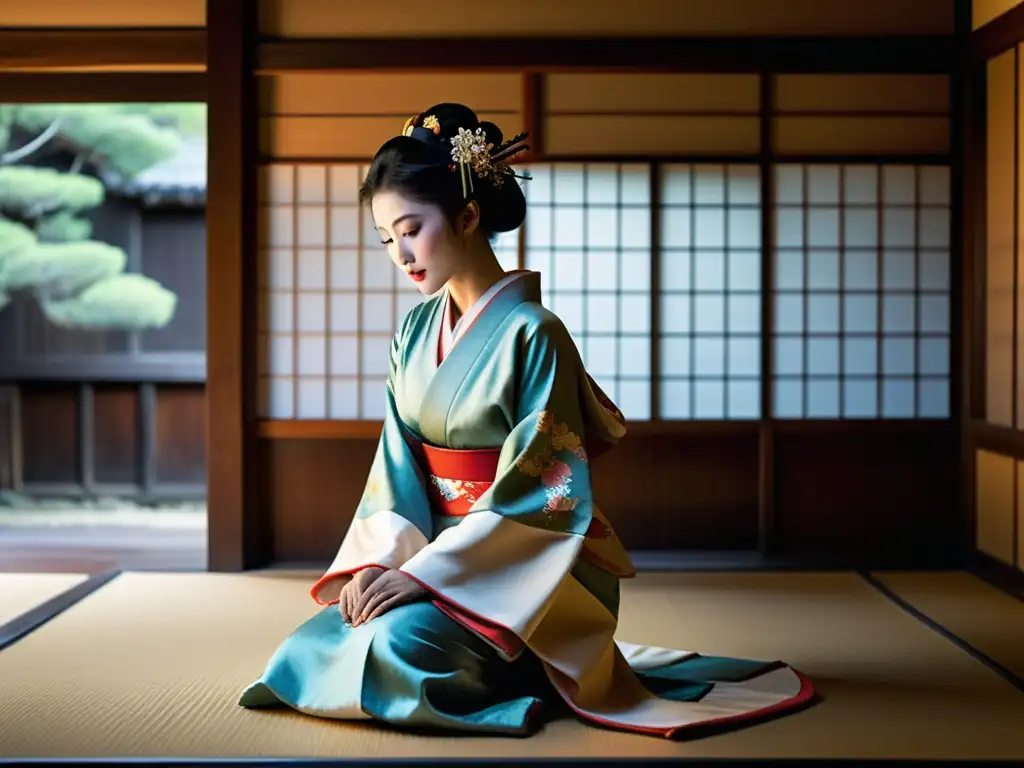 Una geisha japonesa realiza una danza elegante en un kimono ornamental en un ambiente de casa de té