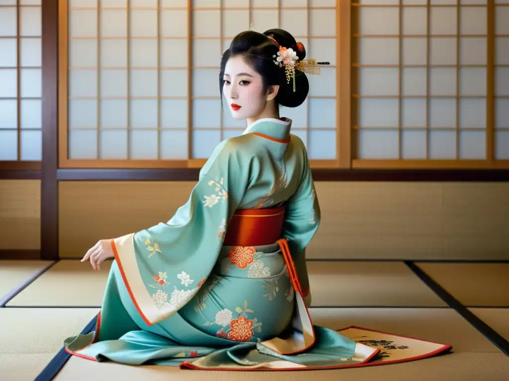 Una geisha japonesa baila con gracia en su kimono de seda, cautivando a sus distinguidos invitados en una casa de té lujosamente decorada