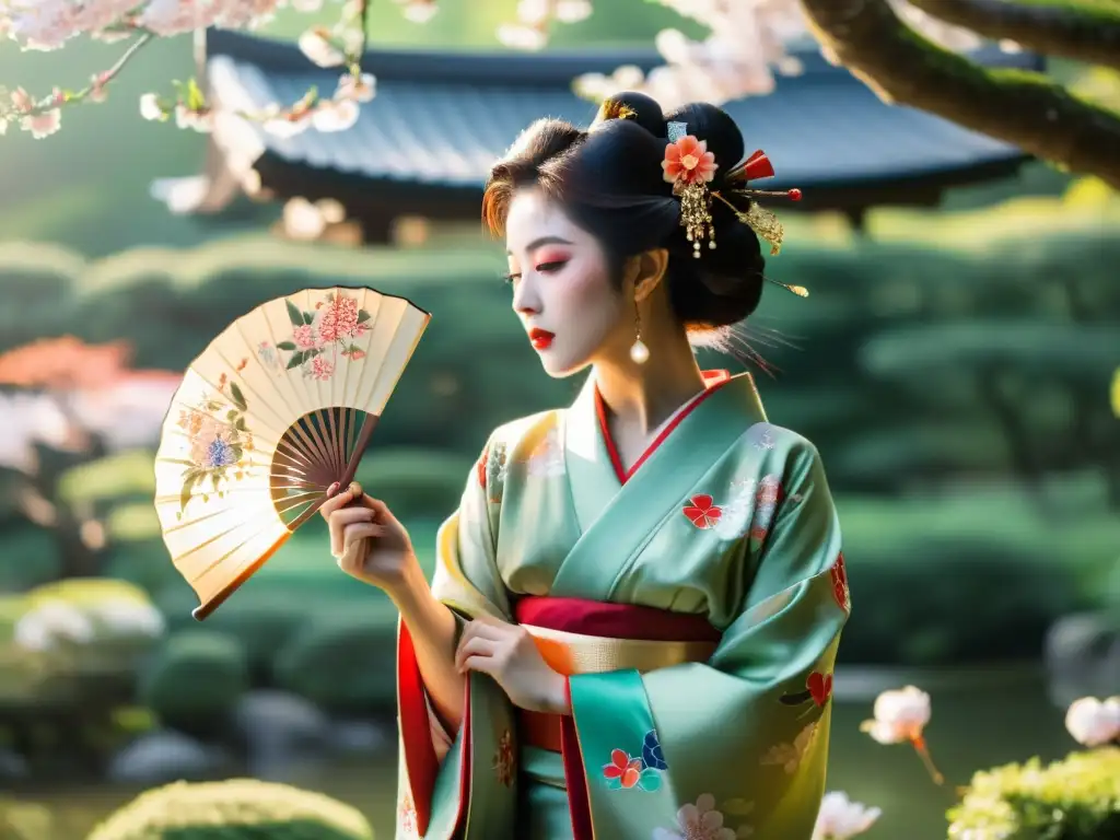 Una geisha japonesa en kimono, con un abanico, admirando un jardín