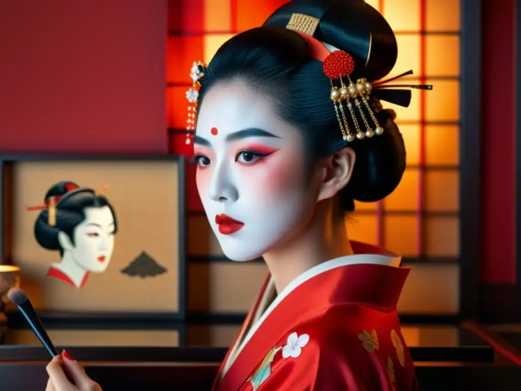 Una geisha japonesa aplica maquillaje en un ambiente íntimo, resaltando la belleza y los ideales estéticos asiáticos diversidad