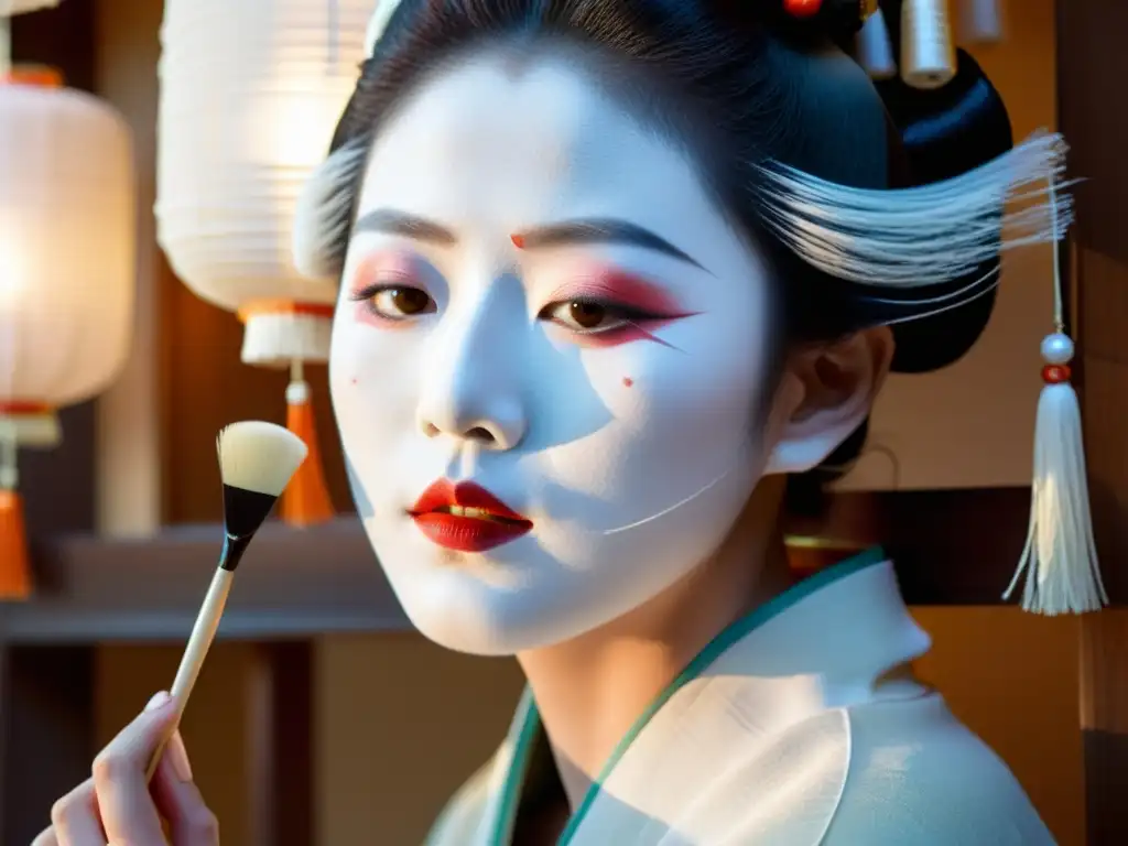 Una geisha japonesa aplica cuidadosamente maquillaje blanco con precisión, iluminada por suaves luces de farolillos