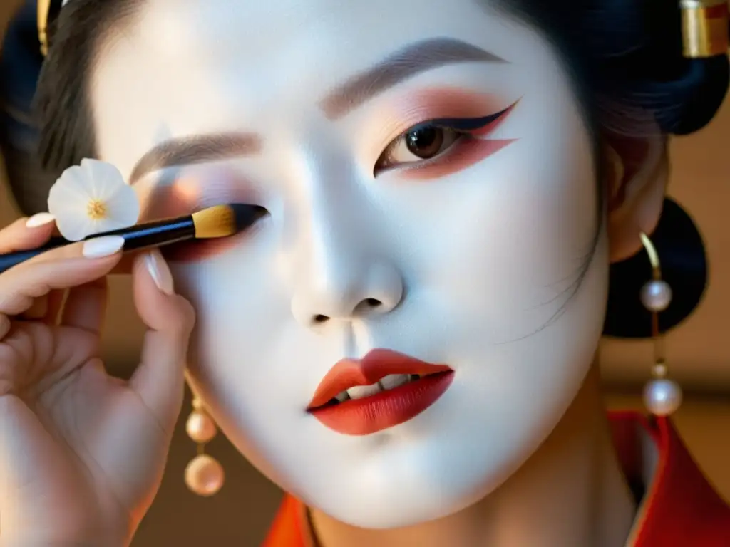 Una geisha japonesa aplica maquillaje blanco en un ritual de belleza