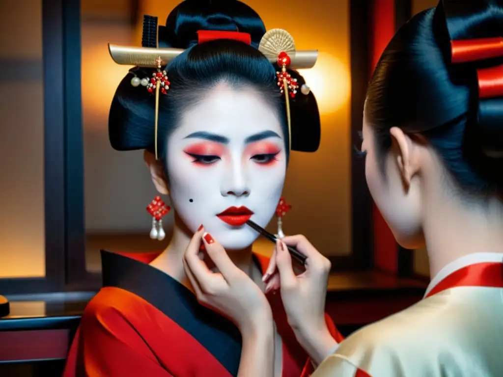 Una geisha japonesa aplica maquillaje con delicadeza ante un espejo, resaltando los ideales estéticos asiáticos diversidad