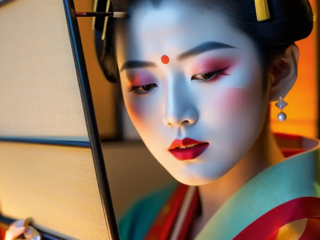 Una geisha japonesa aplica su maquillaje con delicadeza frente a una pantalla de papel, mostrando la filosofía del maquillaje tradicional asiático