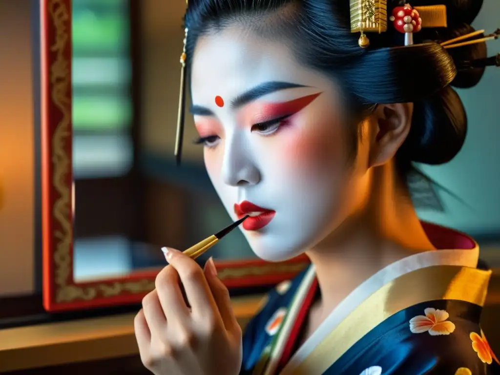 Una geisha japonesa aplicando maquillaje frente al espejo, revelando la meticulosidad y belleza de la cultura japonesa