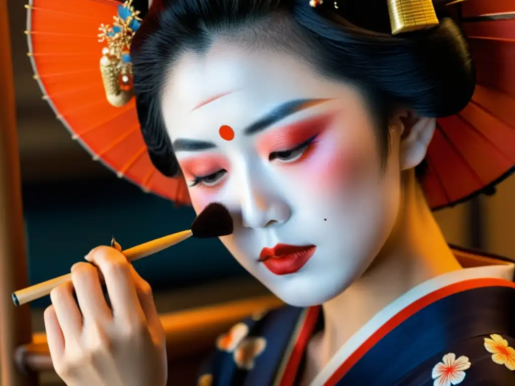 Una geisha japonesa aplica maquillaje con gran destreza y detalle, reflejando la influencia de la literatura asiática en el cine