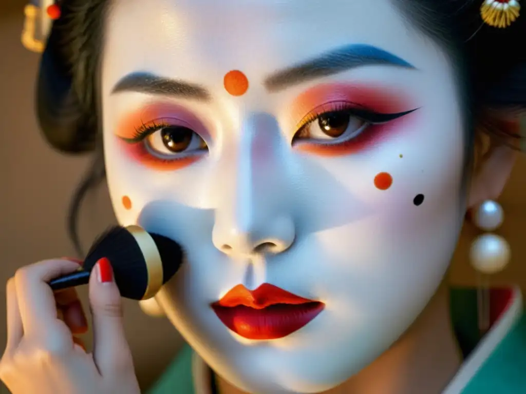 Una geisha japonesa aplica maquillaje con concentración, destacando la historia cosmética asiática tradiciones innovadoras