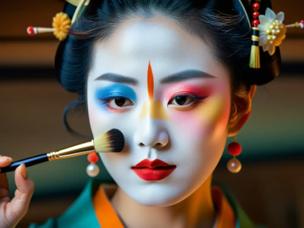 Una geisha japonesa aplica meticulosamente su maquillaje con un pincel, mostrando la belleza y tradición de las rutinas de belleza milenarias geishas