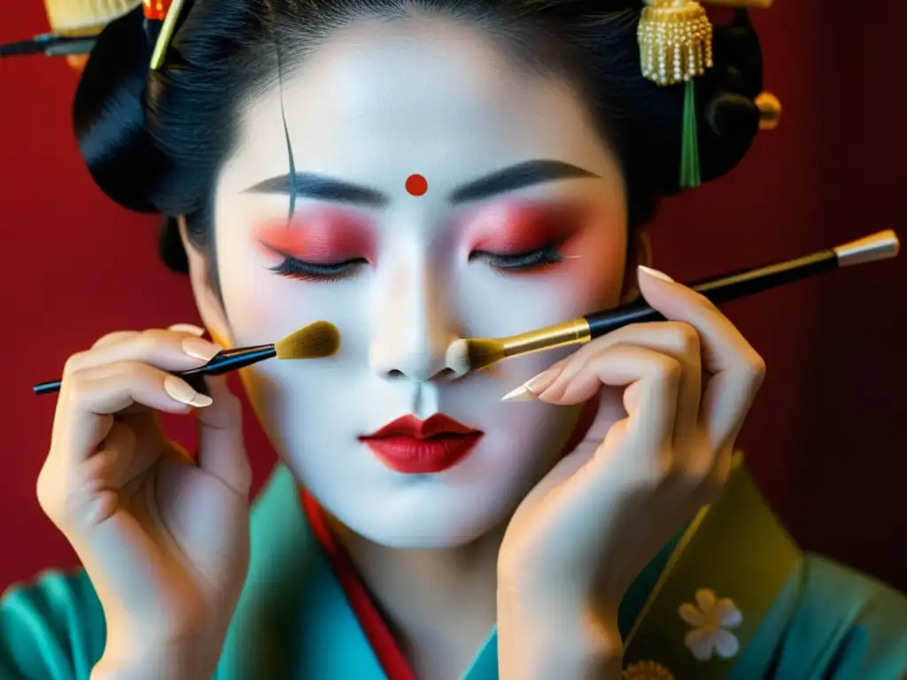 Maquillaje de geisha japonés: arte y precisión Una geisha japonesa aplica maquillaje con precisión, mostrando las técnicas vanguardistas de maquillaje japonés