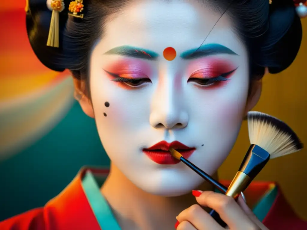 Maquillaje de geisha japonés: arte y tradición Una geisha japonesa aplica maquillaje con precisión, mostrando las técnicas vanguardistas del maquillaje japonés