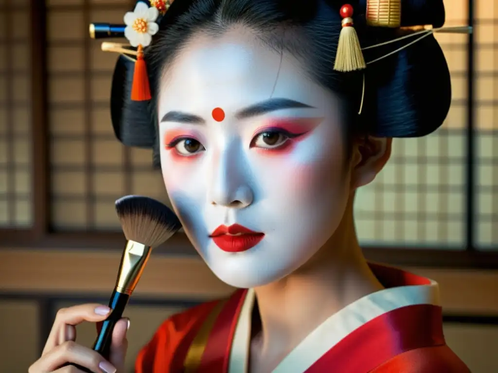 Una geisha japonesa aplica maquillaje con precisión, fusionando tradición y tecnología en la belleza asiática