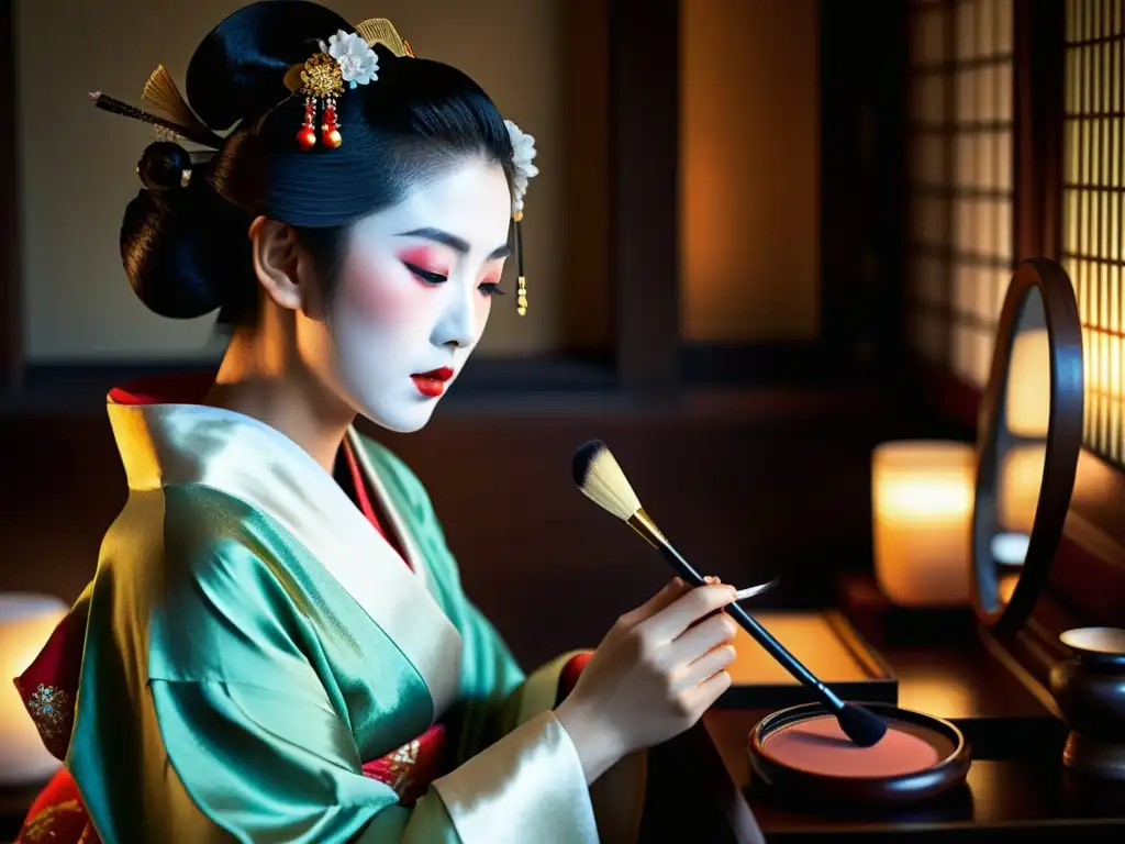 Una geisha japonesa aplicando maquillaje tradicional asiático con precisión, en un entorno sereno y elegante