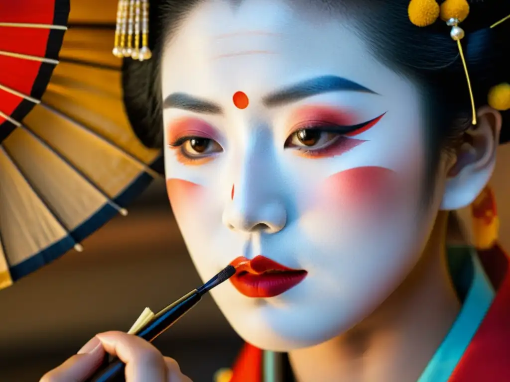 Una geisha japonesa aplica maquillaje tradicional con precisión, destacando la filosofía del maquillaje tradicional asiático