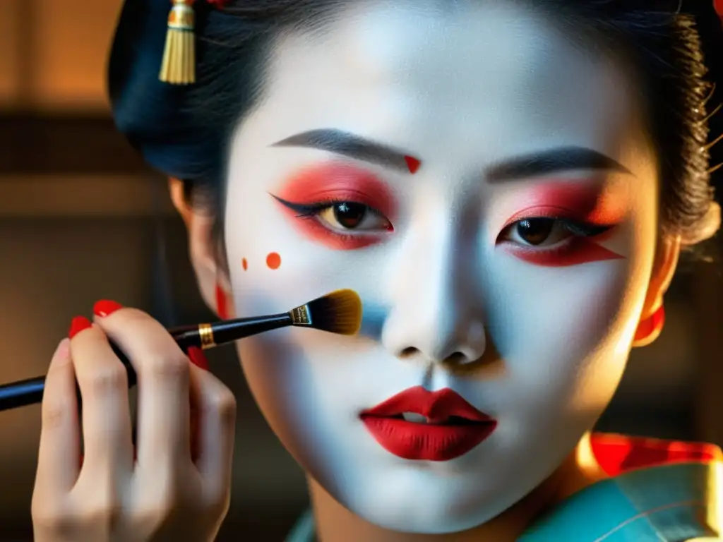 Una geisha japonesa aplica maquillaje tradicional asiático con precisión y concentración, resaltando la filosofía del maquillaje tradicional asiático