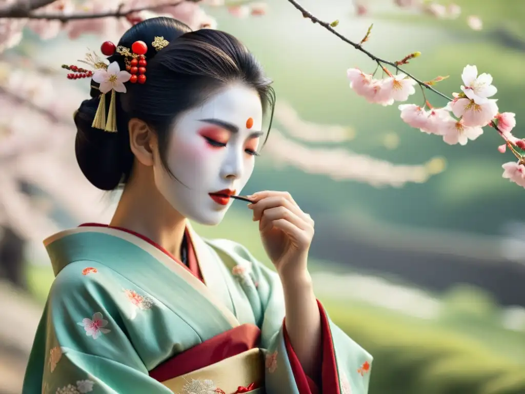 Una geisha japonesa aplica una mascarilla de arroz, rodeada de delicadas flores de cerezo