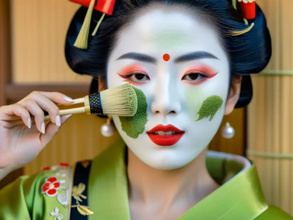 Una geisha japonesa aplica una mascarilla facial de arroz y té verde, revelando los beneficios del arroz y té verde en la belleza asiática