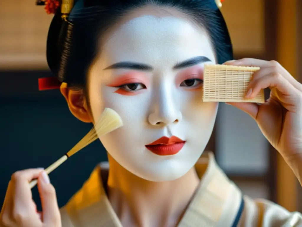 Una geisha japonesa aplica una mascarilla facial de salvado de arroz, mostrando la precisión y la serenidad del cuidado facial japonés