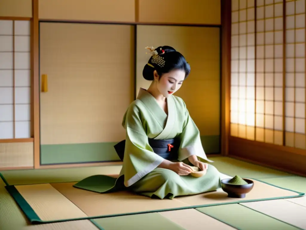 Geisha japonesa aplicando mascarilla facial de arroz y té verde en sereno ambiente con shoji y bonsái, reflejando cuidado facial japonés consejos piel