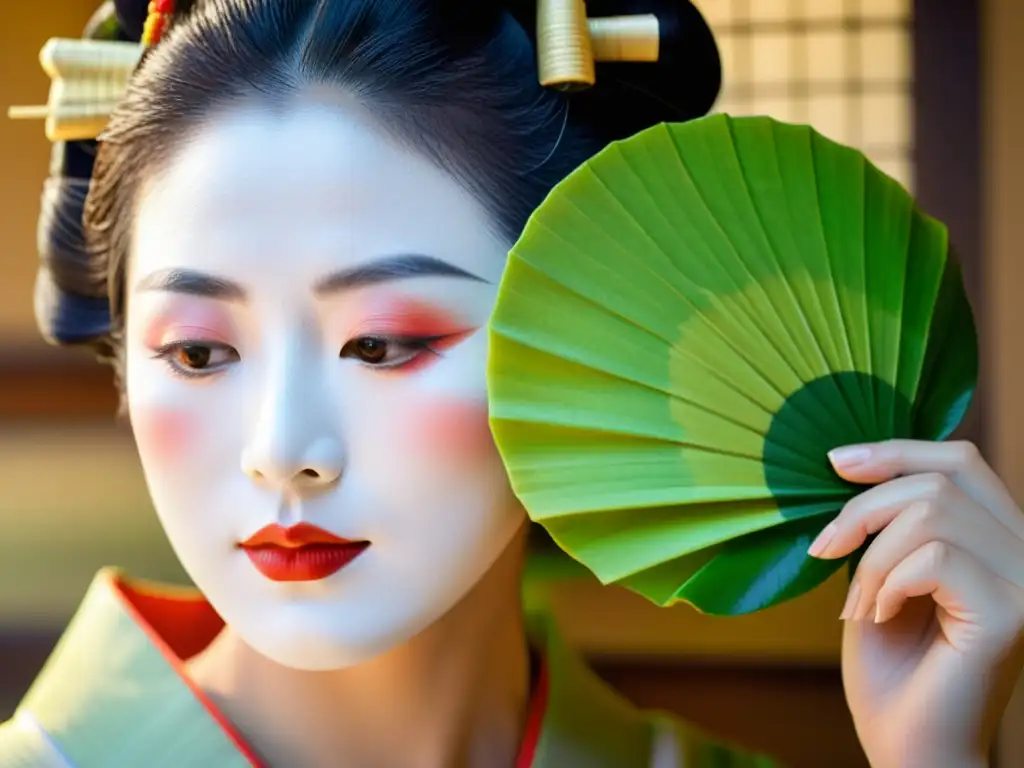 Una Geisha japonesa aplicando una mascarilla facial con cuidado meticuloso, revelando los secretos asiáticos para una piel radiante