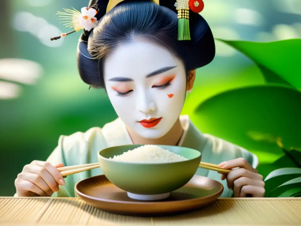 Una geisha japonesa aplica una mascarilla facial de arroz y té verde, destacando los beneficios del arroz y té verde en la belleza asiática