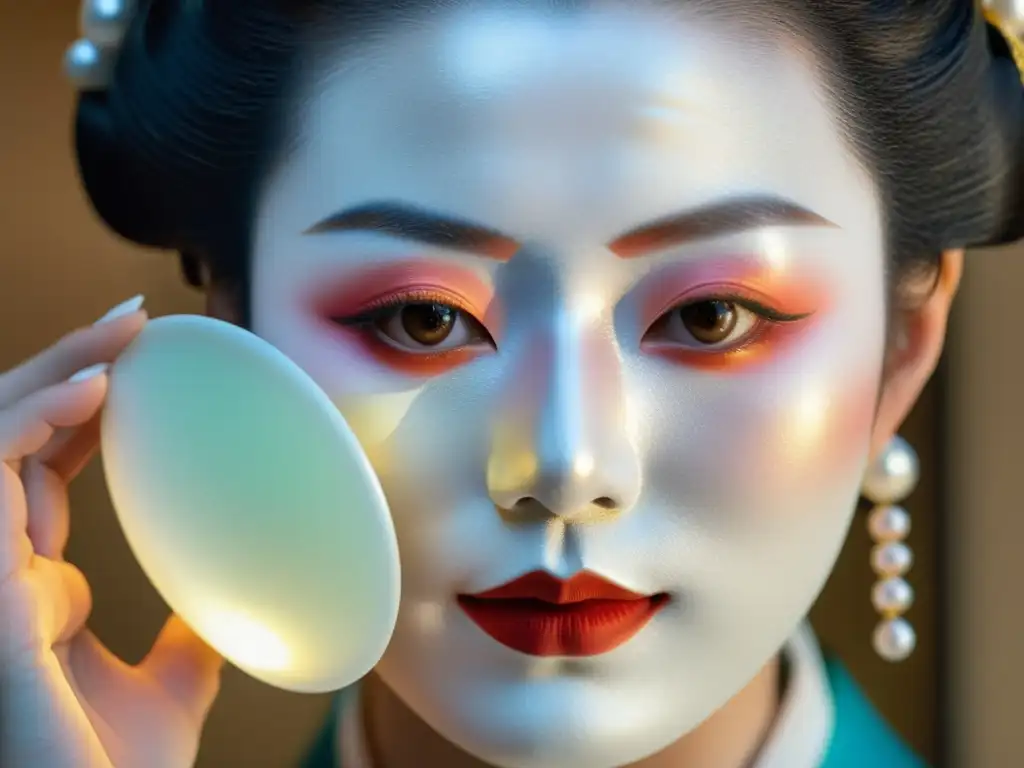 Una geisha japonesa aplica una mascarilla de perlas, irradiando luminosidad oriental cuidado piel con elegancia atemporal