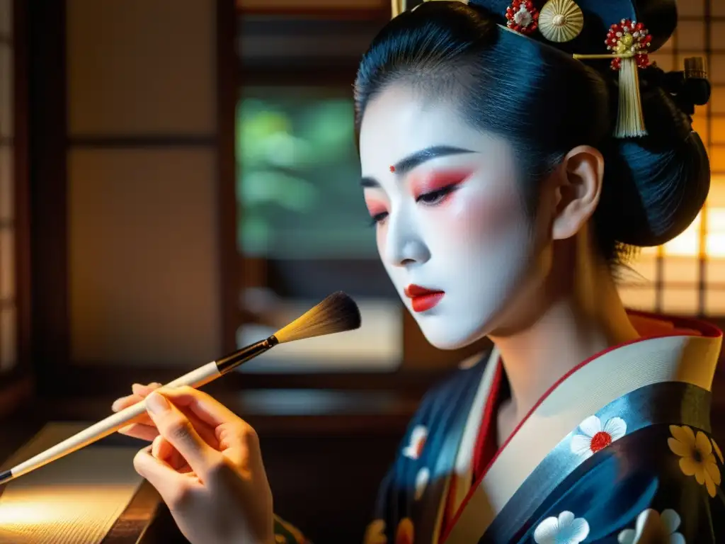 Una geisha japonesa aplicando oshiroi en una habitación decorada, mostrando las rutinas de belleza milenarias geishas