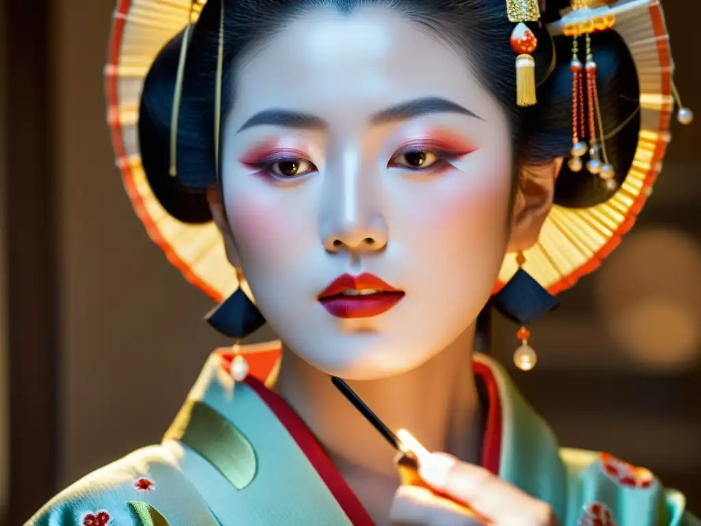 Una geisha japonesa aplica un producto de cuidado de la piel con perlas, su piel resplandece con luminosidad oriental, evocando tradición y elegancia