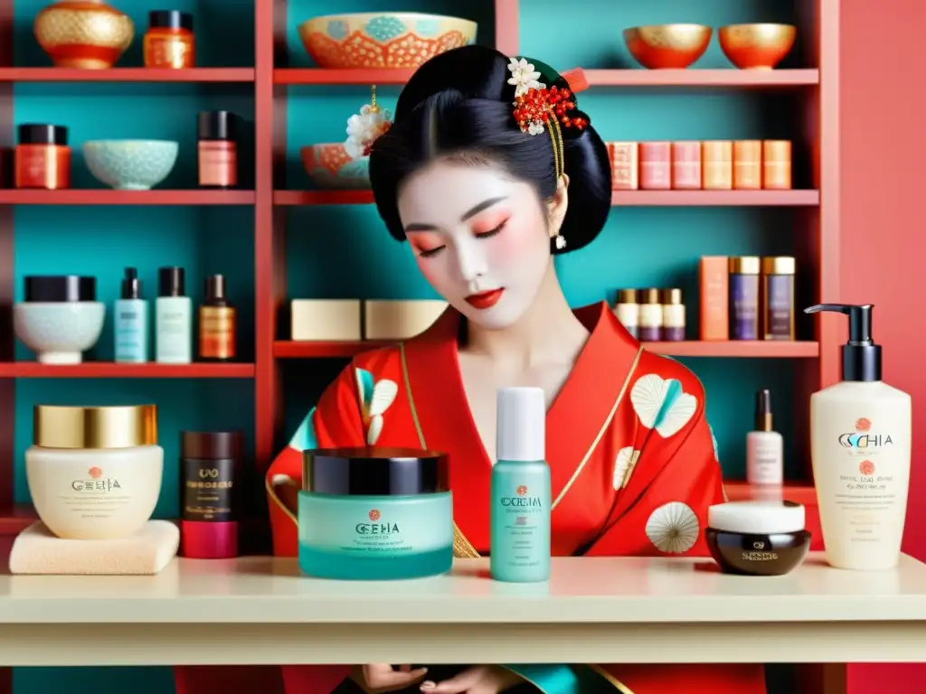 Una geisha japonesa aplica productos de skincare asiáticos rodeada de belleza y tradición