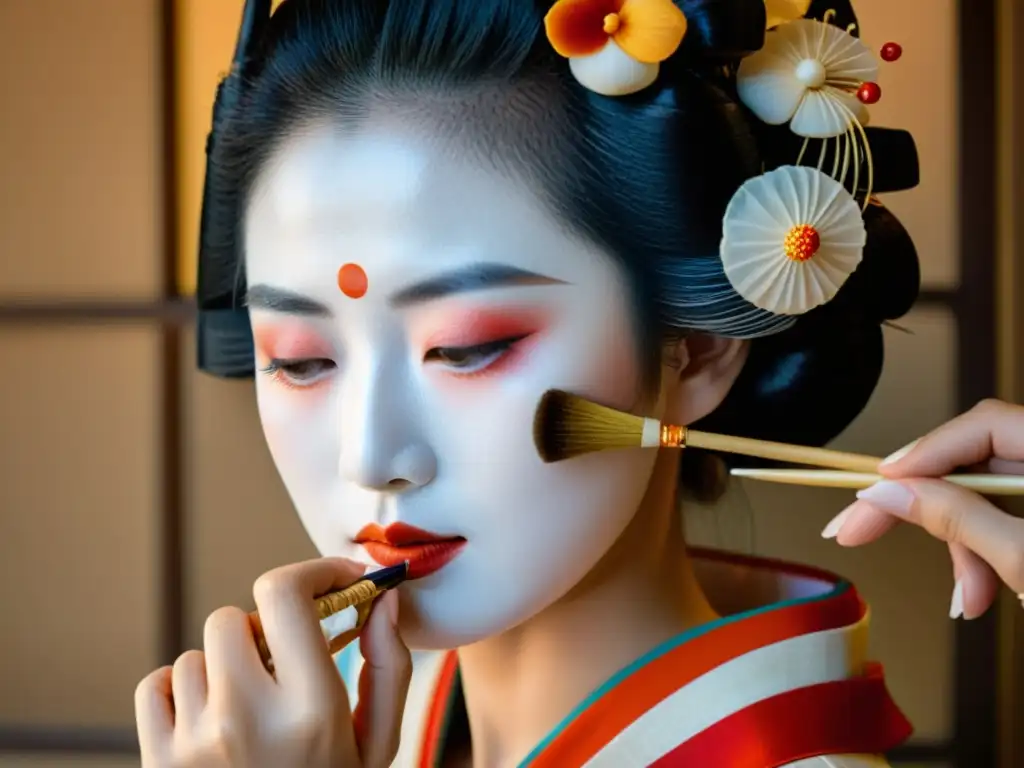 Una geisha japonesa realiza un ritual de belleza, aplicando cuidadosamente ingredientes naturales en su piel de porcelana impecable