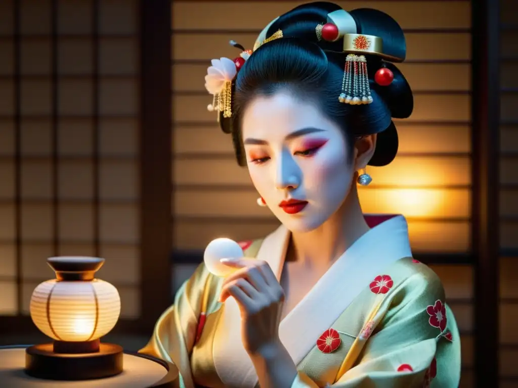 Una geisha japonesa realiza un ritual de cuidado de la piel con ingredientes orientales, irradiando luminosidad y elegancia