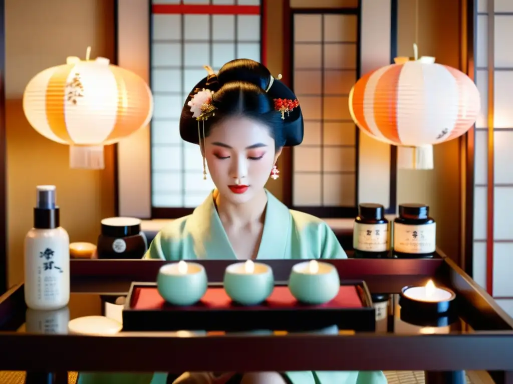 Una geisha japonesa realiza un ritual de cuidado facial meticuloso, rodeada de productos icónicos en un entorno elegante y sereno