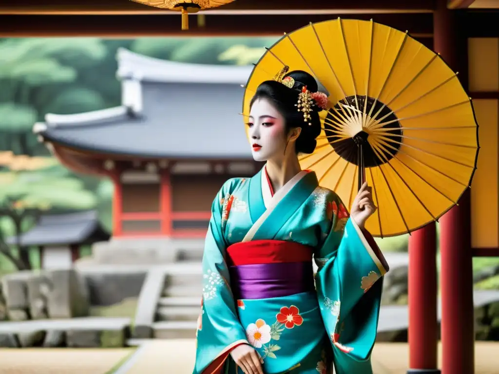 Una geisha en kimono tradicional ejecuta una danza, mostrando belleza y gracia en una escena cultural japonesa