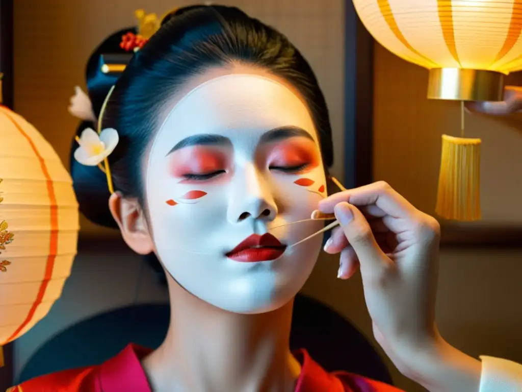 Una geisha aplica una lujosa mascarilla de seda en un ritual de belleza japonés en un sereno salón de tatami: Tratamientos corporales arte asiático