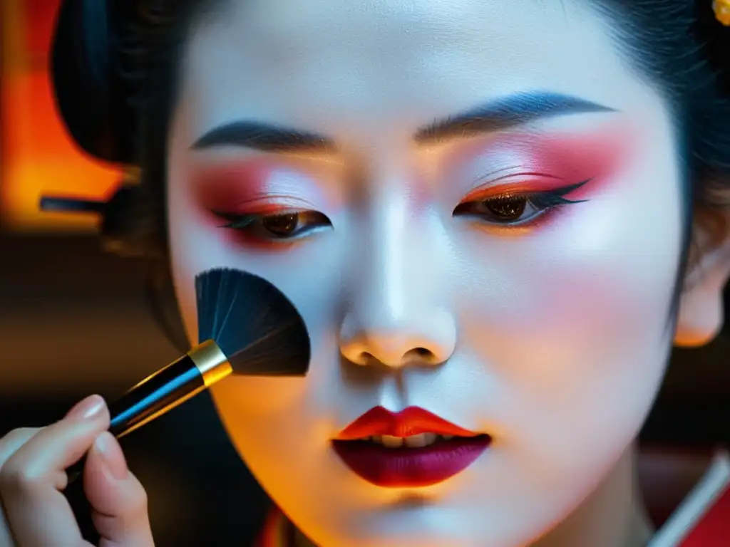 Una geisha aplica maquillaje con precisión y concentración, destacando la belleza y la disciplina de las rutinas de belleza milenarias geishas