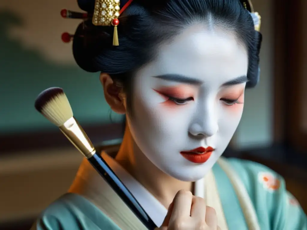 Una geisha aplica maquillaje blanco con precisión, reflejando la esencia de las rutinas de belleza milenarias geishas