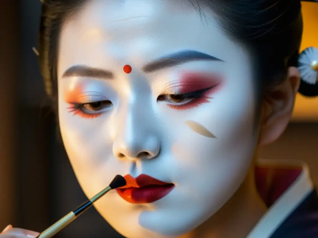 Una geisha aplica maquillaje blanco con precisión, resaltando la filosofía del maquillaje tradicional asiático