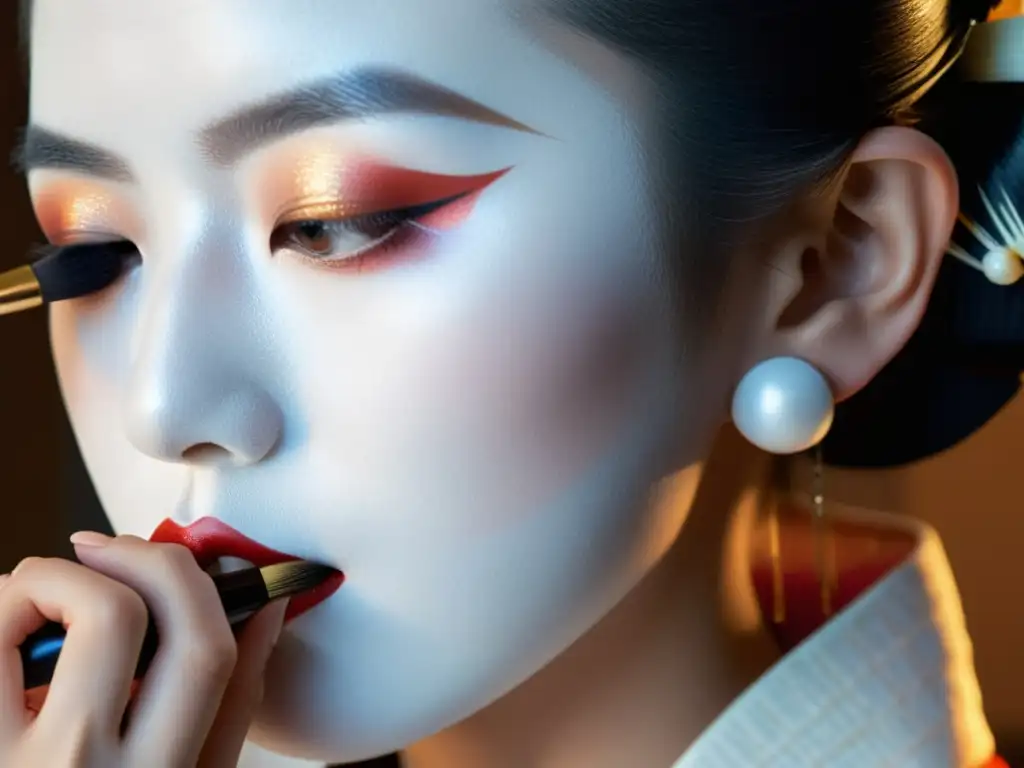 Geisha japonesa aplicando maquillaje blanco con precisión Una geisha aplica maquillaje blanco con precisión, destacando las técnicas vanguardistas del maquillaje japonés
