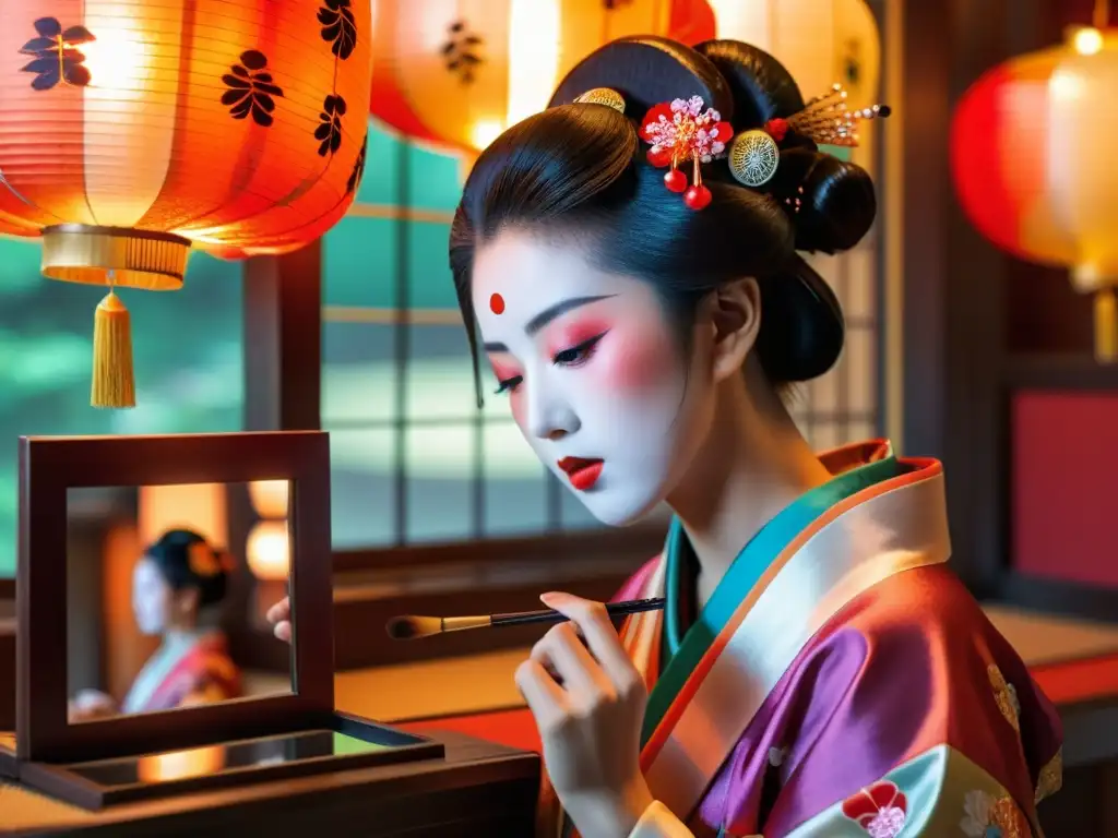 Una geisha aplicando maquillaje con precisión frente a un espejo japonés, su reflejo captura los detalles de su peinado y kimono