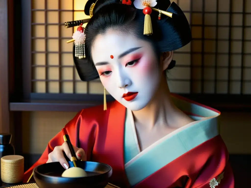 Una geisha aplica maquillaje con serenidad en una ritual de belleza milenaria, rodeada de herramientas y productos tradicionales