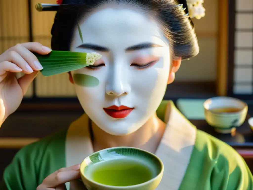 Una geisha aplica una mascarilla facial de arroz y té verde, resaltando la elegancia y tradición de esta práctica japonesa